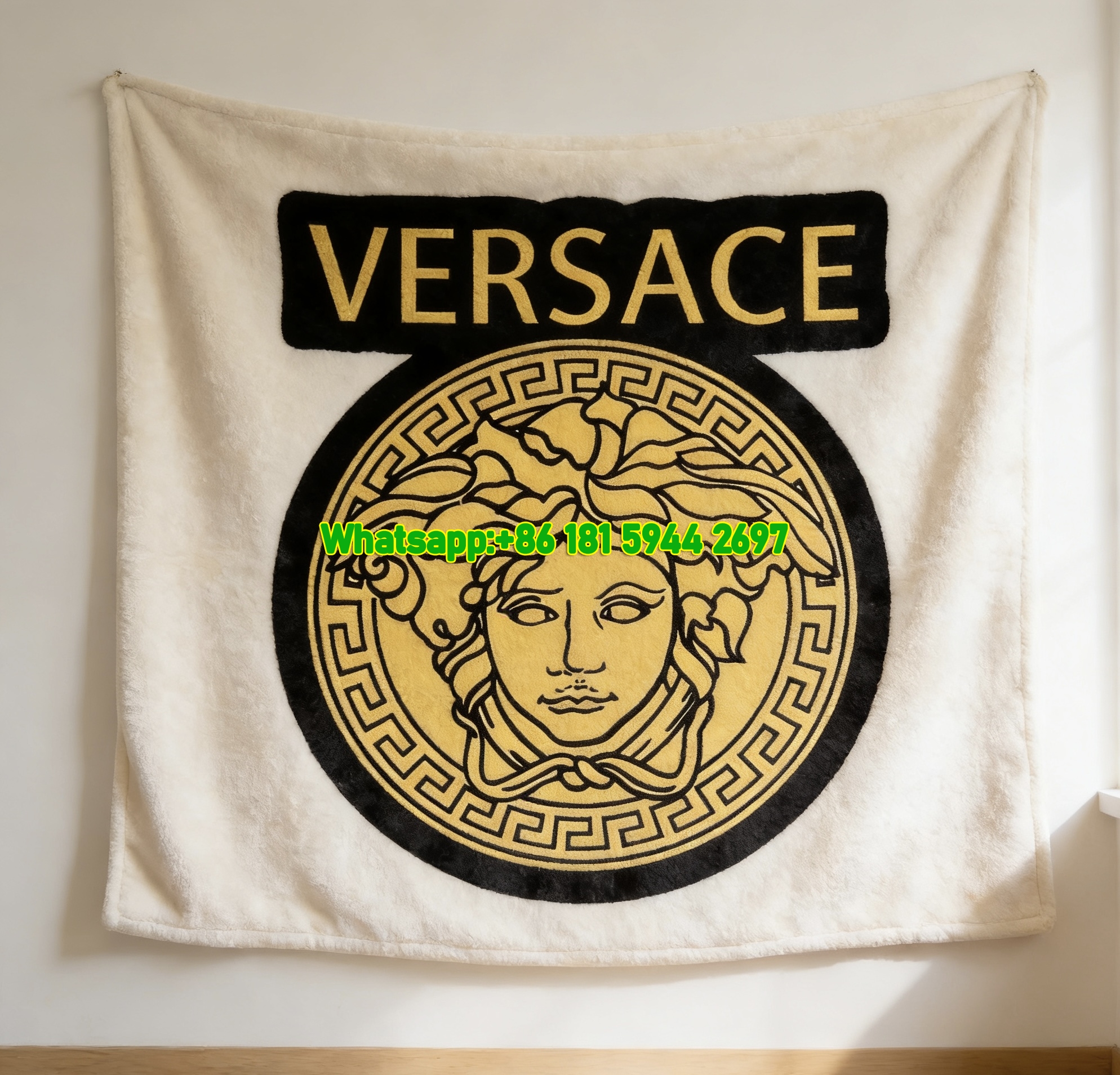 Versace Black Gold Medusa Greek Key Logo Print Flannel Sofa Throw Blanket IMG_1300